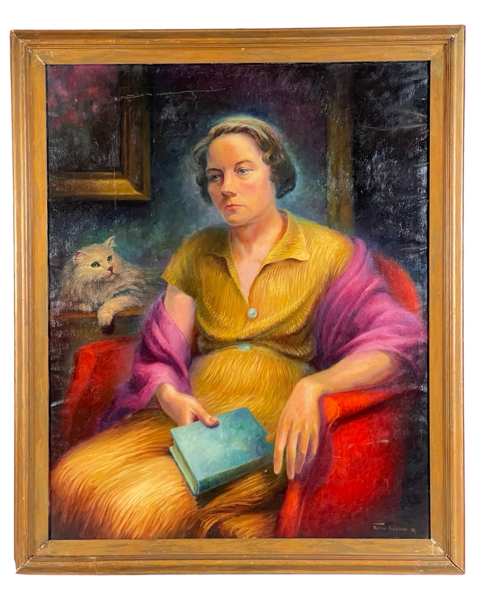 Robert Addison - Portrait of Artist's Mother w Cat: This oil on canvas depicts Robert Addison's mother, seated in a colorful chair with a book in hand. A fluffy white cat is seen in the background, calmly watching the scene. The piece is signed and dat