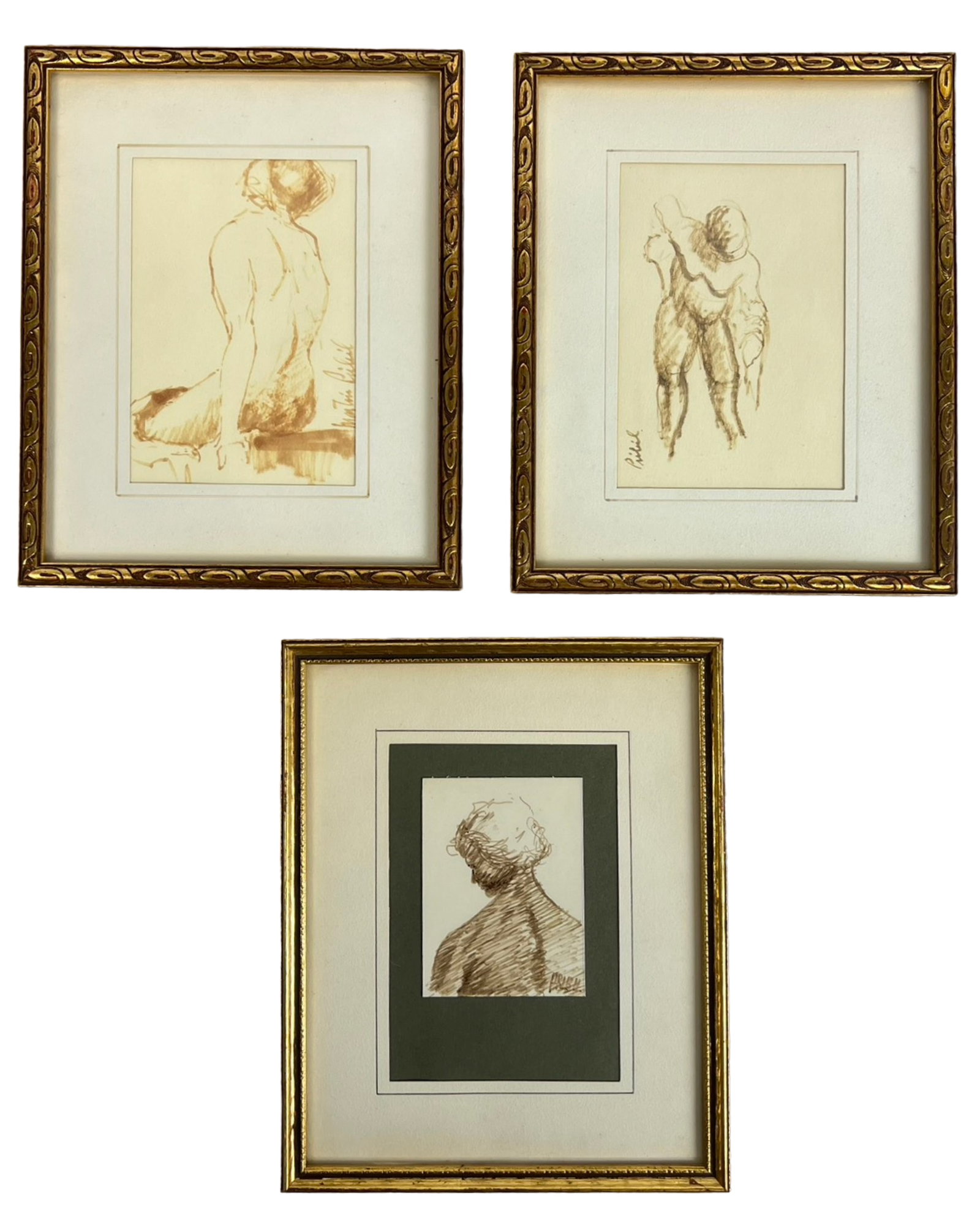 Martin Pribil 3 Nude Drawings- Study of Human Form: This compelling collection consists of three framed washed ink drawings by Martin Pribil, each measuring 10 1/2" x 8 1/2". The artworks beautifully capture the nuanced contours and elegant poses of th