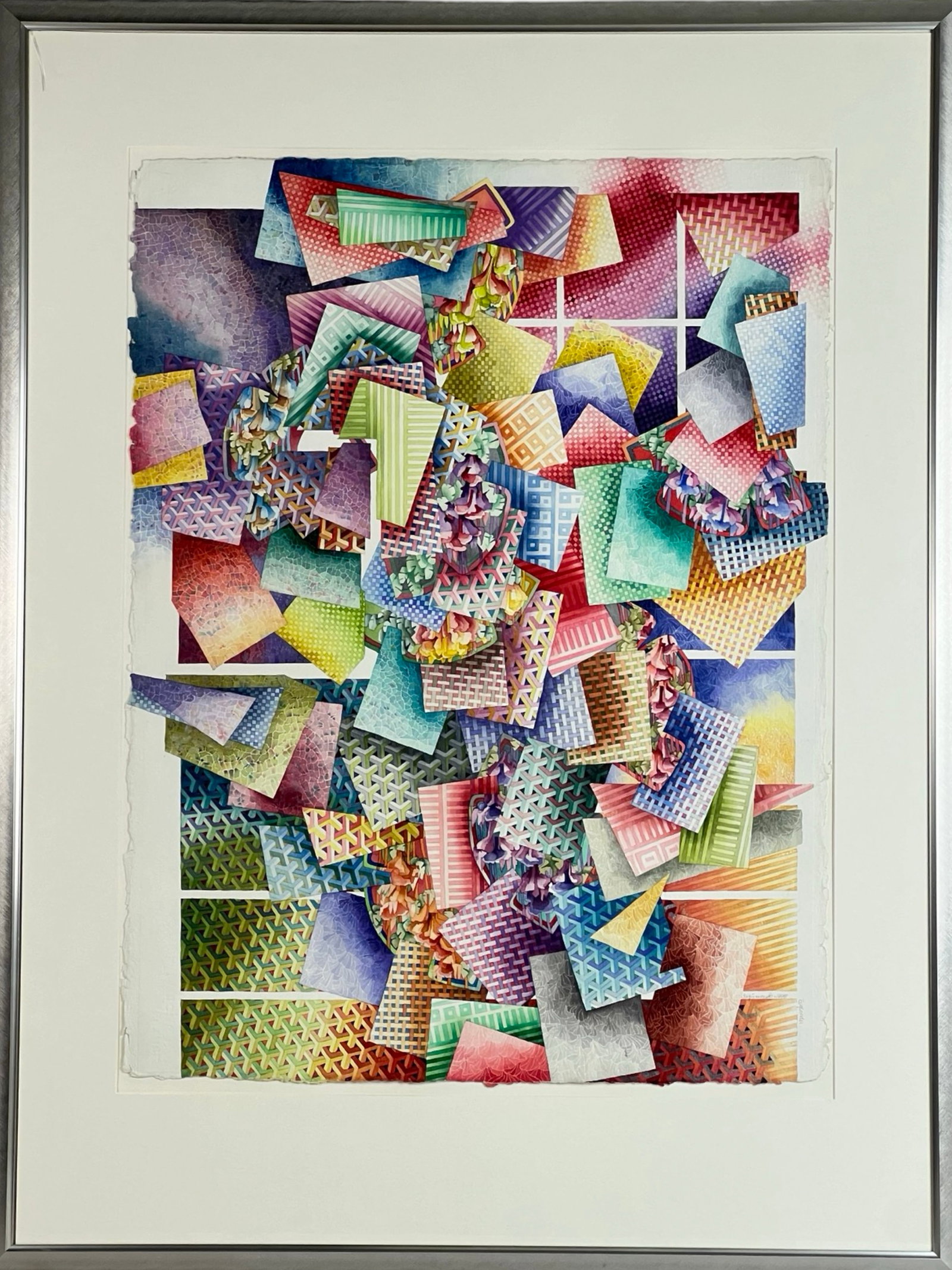 Lisa Englander- Abstract Geometric Watercolor: This vibrant, abstract composition titled "Sigismondo" is a captivating watercolor by artist Lisa Englander, signed and dated 1998 in the lower right corner. The intricate layering of colors and shape