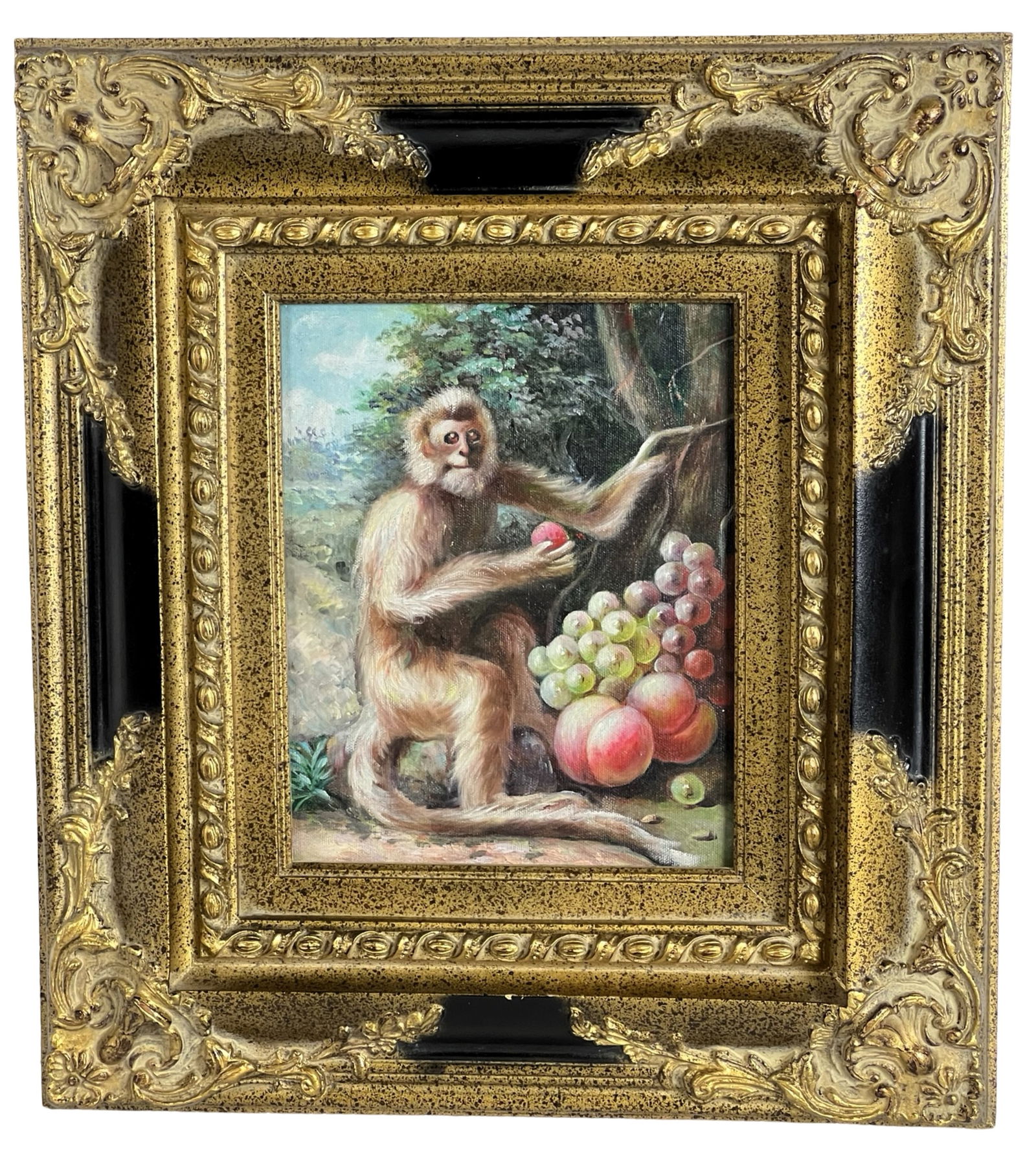 Monkey- Oil Painting in the Style of George Stubbs: This late 20th-century oil painting, executed in the style of the renowned 18th-century British artist George Stubbs, captures a whimsical scene featuring a monkey clutching a piece of fruit beside a