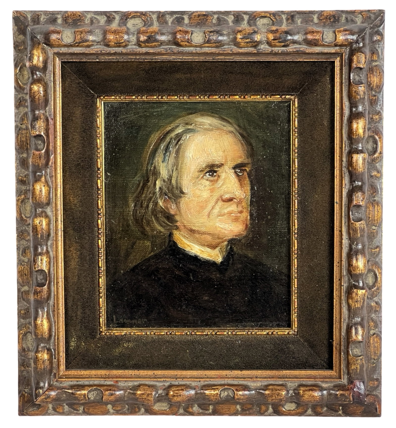 Portrait of r Franz Liszt Oil Painting by Lassner: This captivating oil on board portrait of the renowned composer Franz Liszt, signed by the artist "Lassner" in the lower left corner, captures the expressive depth of the famed musician. The painting,