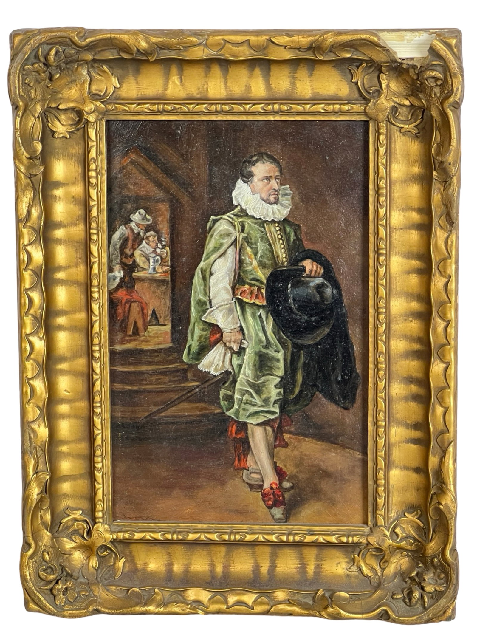 Francisco Domingo Y Marques (after) Oil Painting: A late 19th-century oil painting on wood, depicting a Spanish caballero dressed in traditional 16th-century attire. This finely detailed artwork reflects the influence of Spanish painter Francisco Dom
