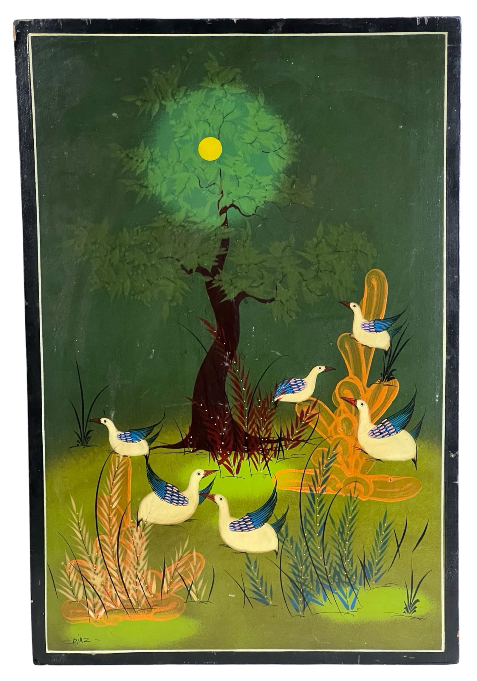 Vintage Tonala Wildlife Painting by Diaz: A vibrant and lively vintage oil painting on Masonite board, depicting a flock of stylized birds set against lush greenery, with a bright yellow sun shining through the tree. The painting features bol