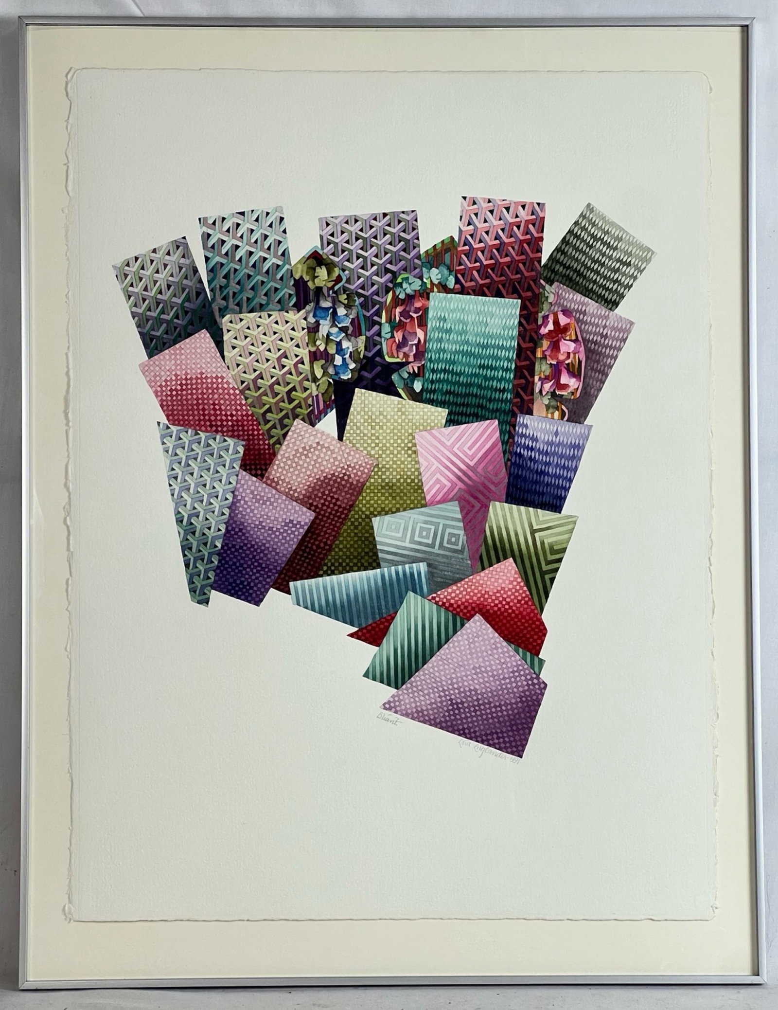 Lisa Englander- Abstract Geometric Watercolor: This vibrant, abstract composition titled "Bliant" is a captivating watercolor by artist Lisa Englander, signed and dated 1991 in the lower right corner. The intricate layering of colors and shapes cr