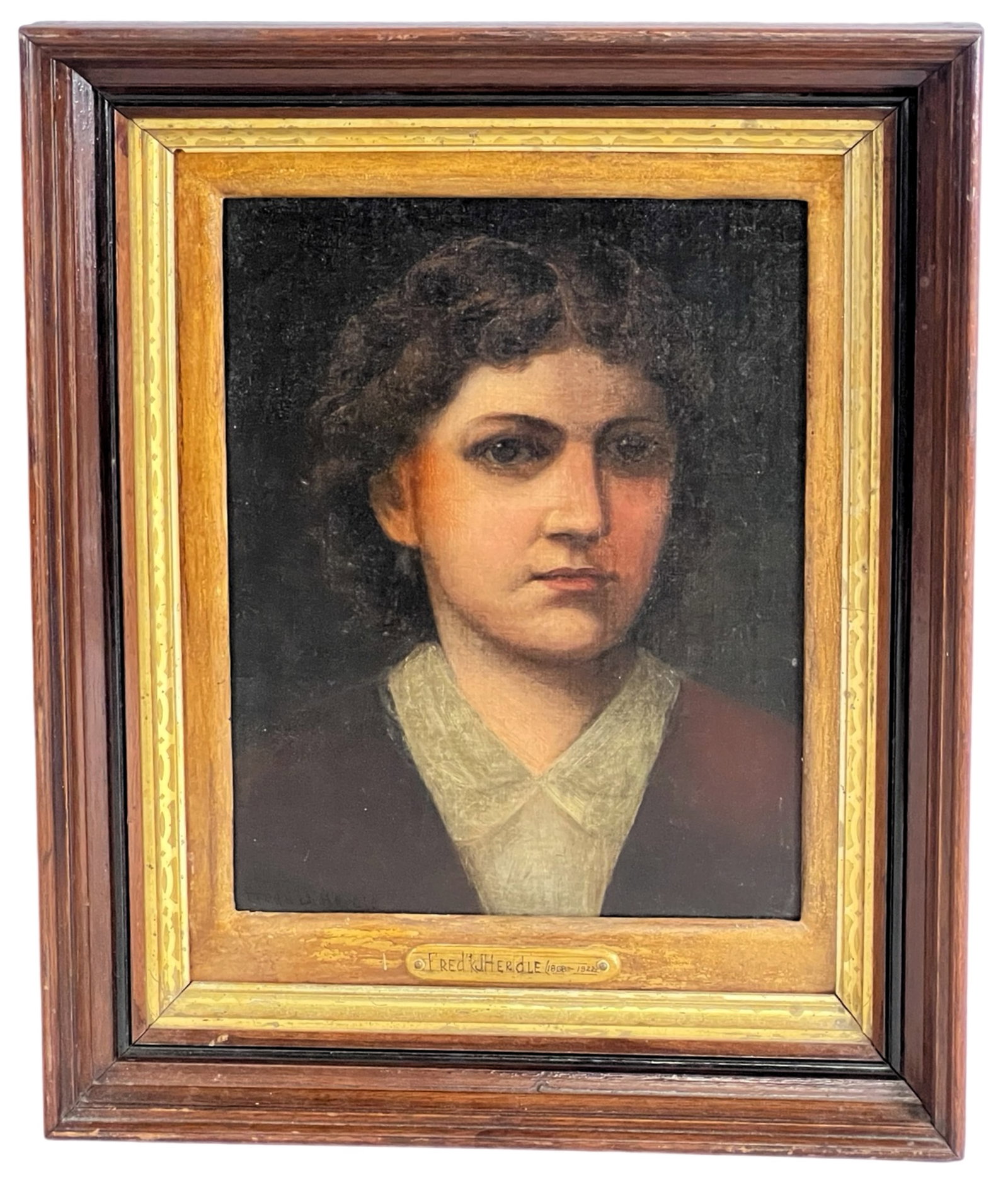 Frederick J. Herdle- Portrait of a Lady: This finely detailed oil painting on canvas presents a portrait of a lady, skillfully rendered by Frederick J. Herdle, an American artist known for his work in the late 19th and early 20th centuries. 