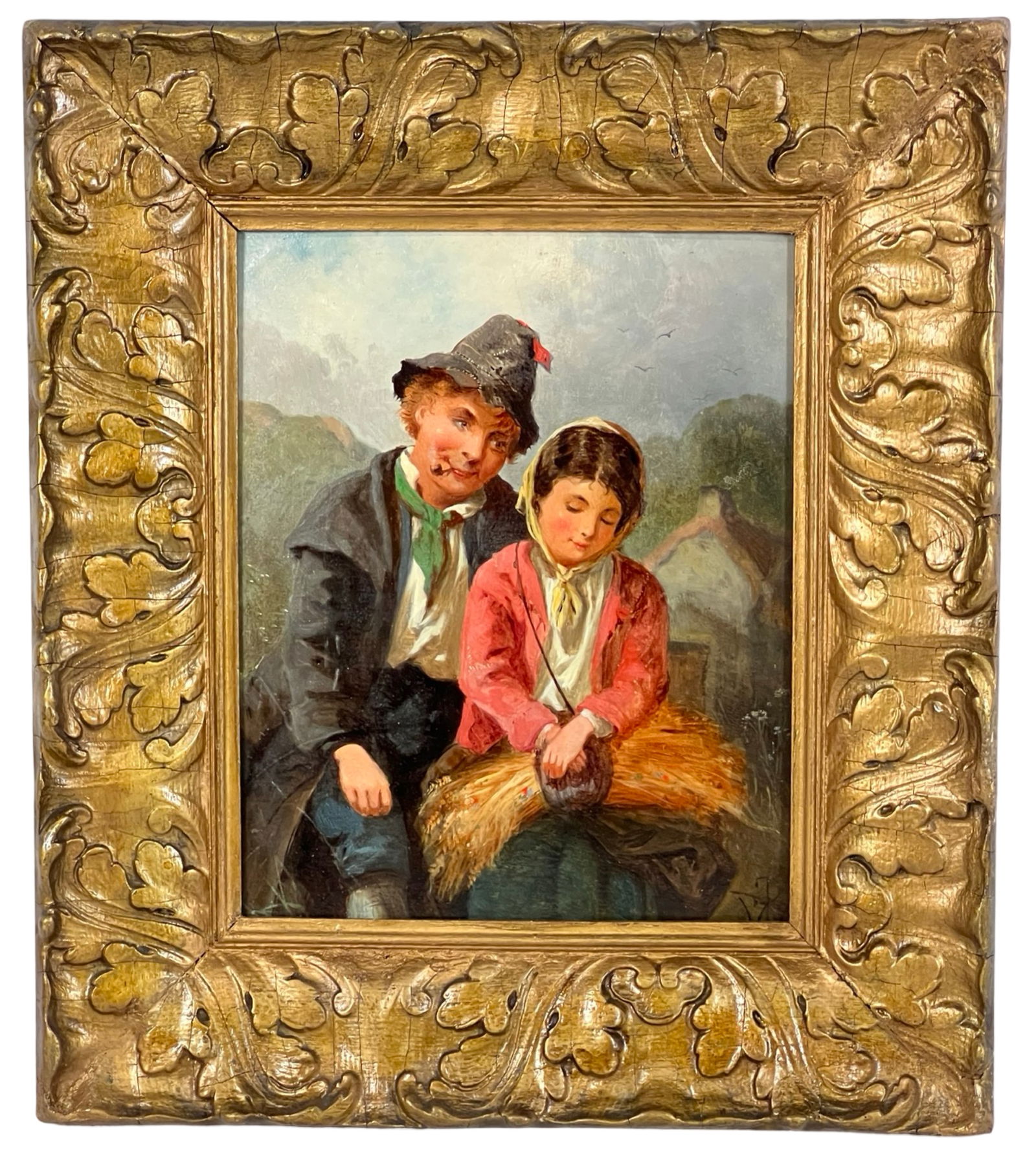 Dutch School, early 20th C. Oil Painting on Tin Pl: Charming oil painting on tin plate featuring two cheerful figures in traditional attire. The scene depicts a joyful moment as the man and woman, seated next to a bundle of wheat, engage in a tender in