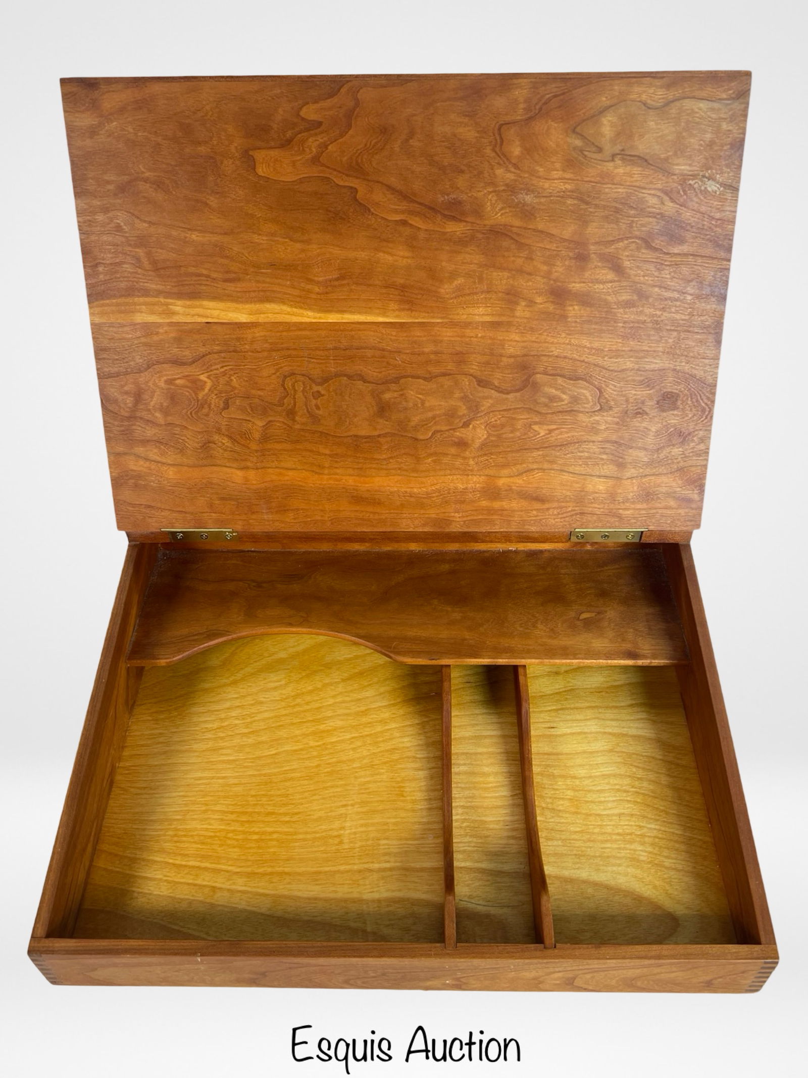 Wooden Writing Desk Box: A finely crafted wooden writing desk box, measuring 16" x 13" x 4", featuring a hinged lid and dovetail joints. The interior includes designated compartments for writing utensils and supplies, providi