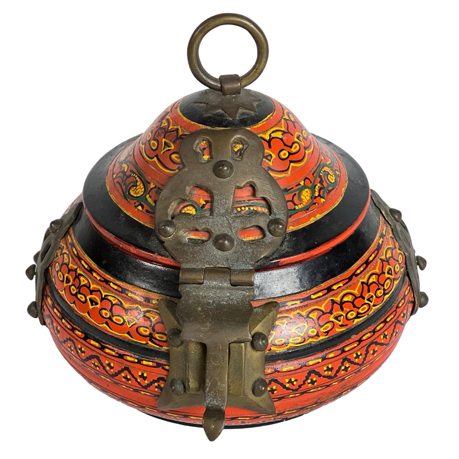 Vintage Tibetan Hand-Painted Wooden Betel Nut Box: This vibrant Tibetan betel nut box features intricate hand-painted designs in bold red, yellow, and black, adorned with brass fittings. The hinged lid opens to reveal a green velvet-lined interior, ad