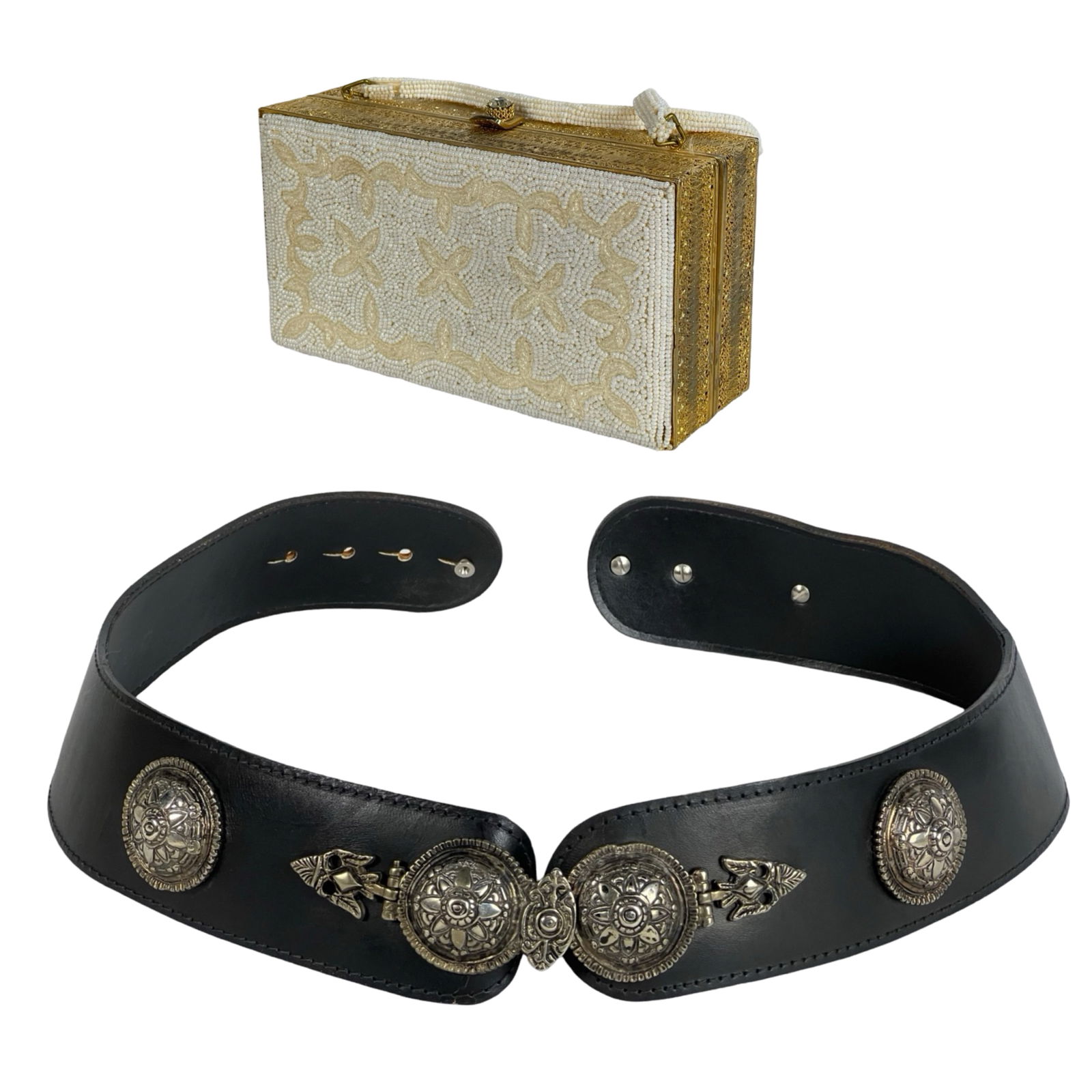 White Beaded Evening Clutch & Italian Belt: A charming vintage evening clutch adorned with intricate white beads in a floral pattern, featuring gold-tone hardware and a lined interior. Accompanied by a Saks Fifth Avenue black leather belt with
