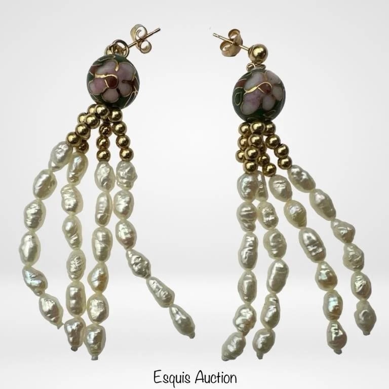 14k Gold Pearls & Cloisonne Globe Dangle Earrings: 14k Gold, Pearls & Cloisonne Globe Dangle Earrings. 2 3/4" long. Good Condition.