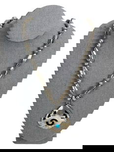 John White Navajo Sterling Silver Necklace & Penda: Vintage Navajo Sterling Silver Necklace with Sterling & Turquoise Necklace by famous Native American Artist John White. Necklace is approx. 16" long, Pendant is 1 3/4" long. Good Condition.