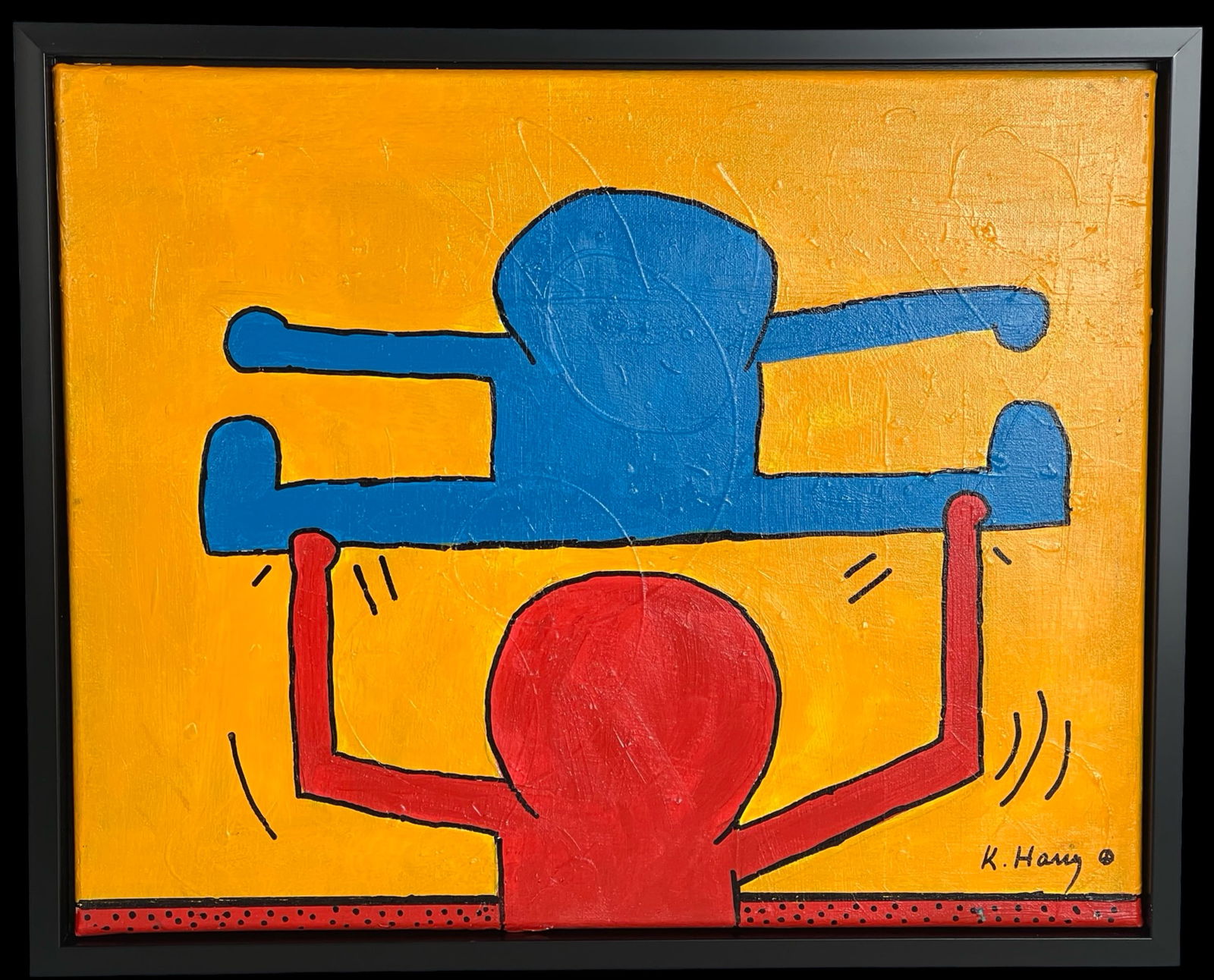 Keith Haring (In Style) Pop-Modern Painting: This vibrant oil on canvas painting, rendered in the style of pop art icon Keith Haring, captures the essence of his bold and energetic figures. Signed "K. Haring" in the lower right, the piece measur