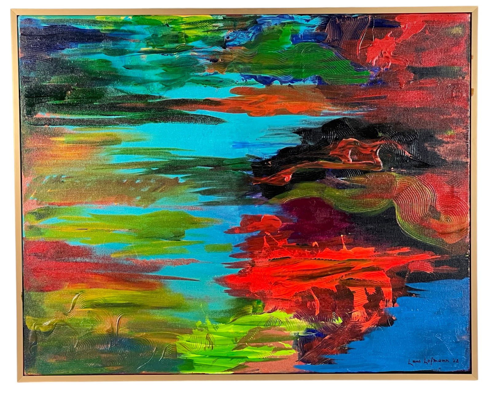 Hans Hofmann (In Style) Abstract Painting: This striking abstract modernist oil painting on canvas, executed in the style of Hans Hofmann, features a dynamic blend of bold, sweeping colors and textures. The piece is signed in the lower right c