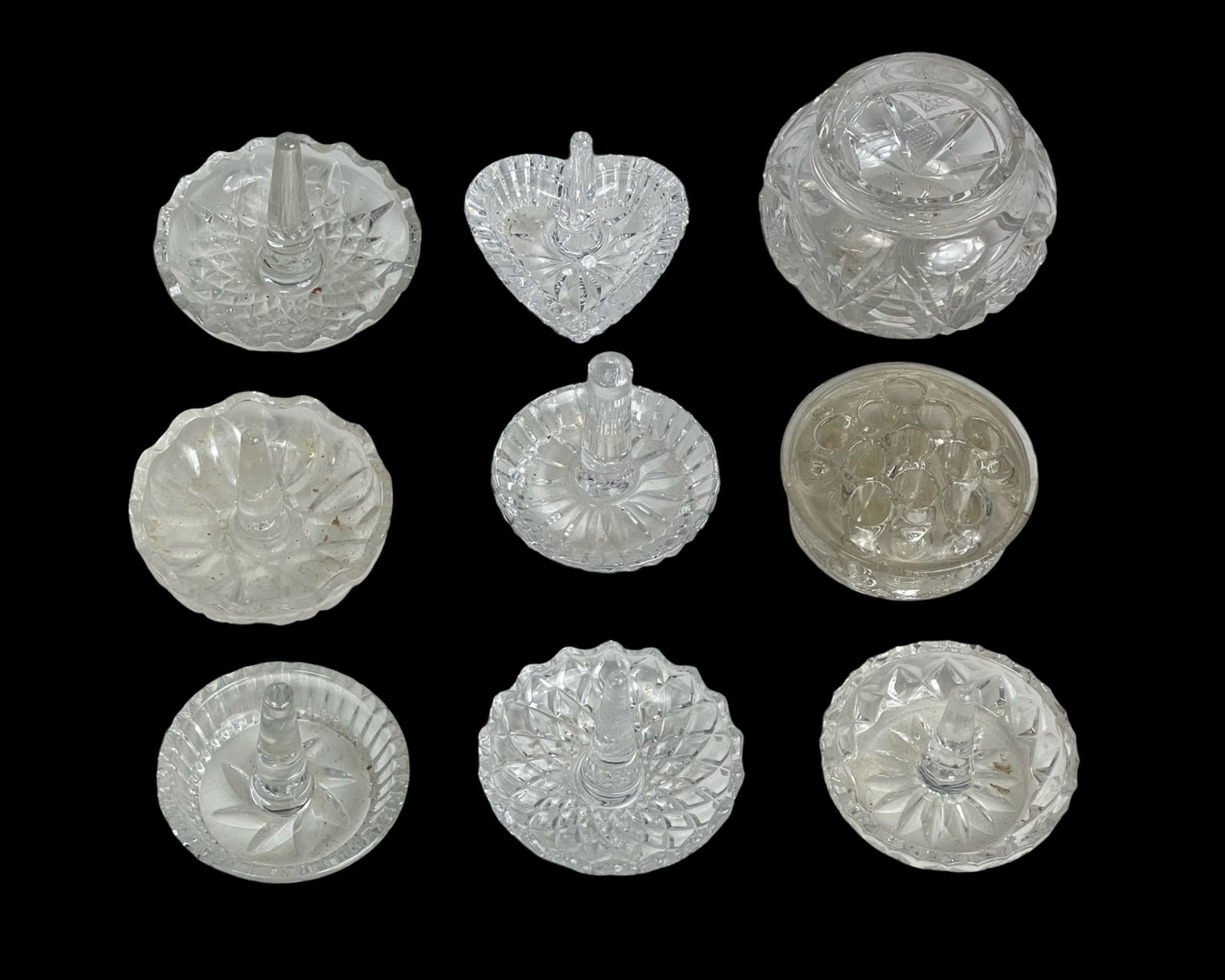 Group of Vintage Glass Ring Holders & Crystal Vase: Group of Vintage Glass Ring Holders & Crystal Vase