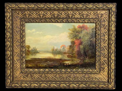 Daniel Charles Grose 1872 Landscape Oil Painting: This tranquil landscape painting by Daniel Charles Grose, dated 1872, captures a peaceful riverside scene surrounded by lush trees with autumnal colors. The oil on canvas is signed and dated in the lo