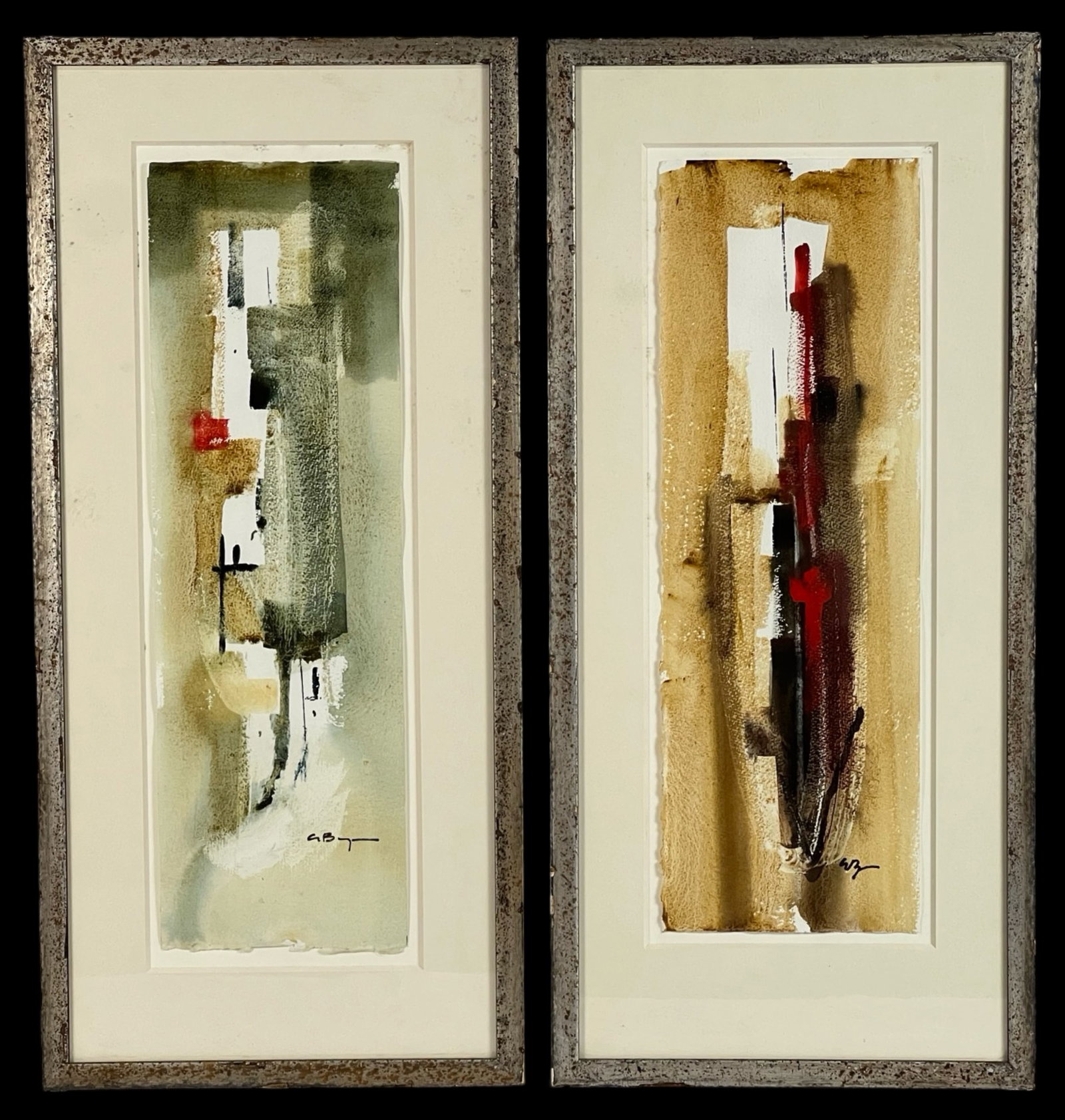 Pair of Abstract Mixed-Media Paintings: This is a striking pair of abstract mixed-media paintings, each featuring bold and textured designs. The pieces highlight a unique interplay of neutral tones with splashes of vibrant red and other acc