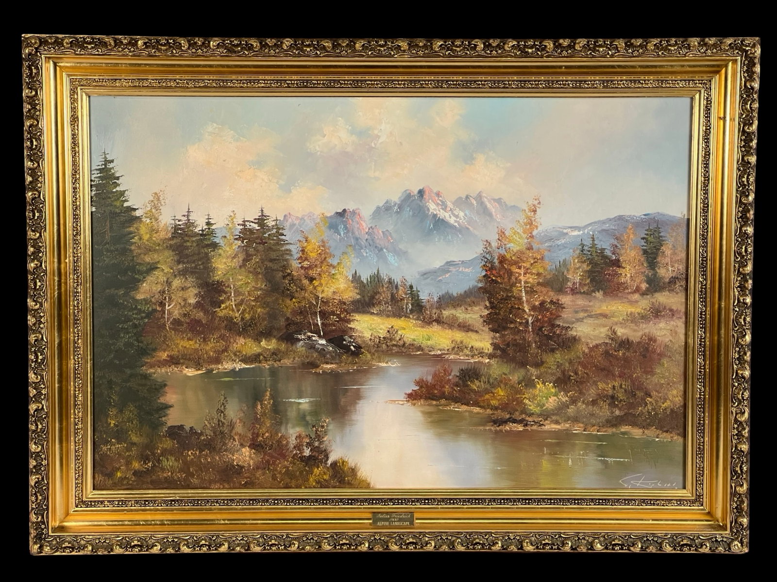 Julius Friedrich Alpine Landscape Oil Painting: This serene Alpine landscape captures the majestic beauty of Southern Germany, with the towering mountains in the background and a peaceful lake in the foreground, surrounded by autumnal trees. Julius