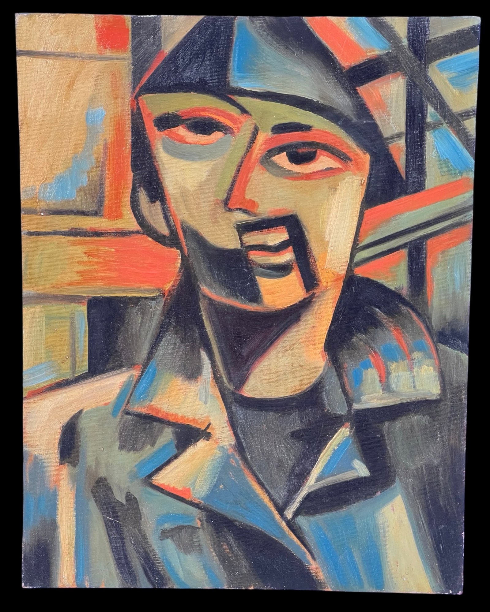 E.K. Fresa - Impressionist Man Portrait Painting: This striking late 20th-century portrait by E.K. Fresa exemplifies bold Impressionist techniques with its vivid use of color and abstracted form. The subject, a man, is rendered in expressive brushstr
