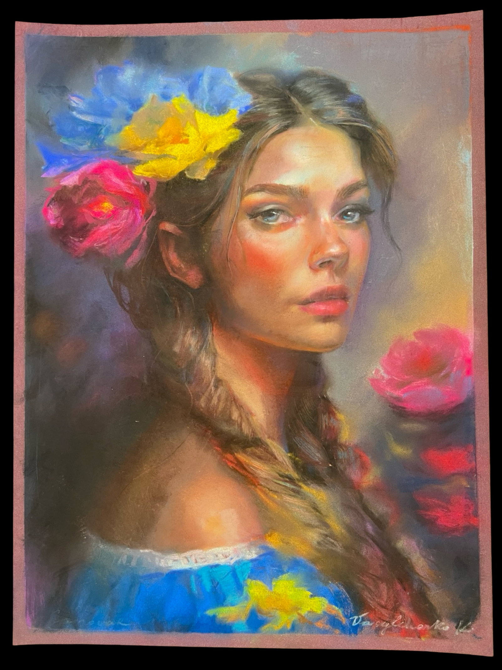 K. Vasylchenko "Ukrainian Girl" Pastel Drawing: A captivating original pastel drawing by K. Vasylchenko, titled "Ukrainian Girl." This artwork masterfully captures the beauty and cultural pride of a young Ukrainian woman, adorned with vibrant flowe