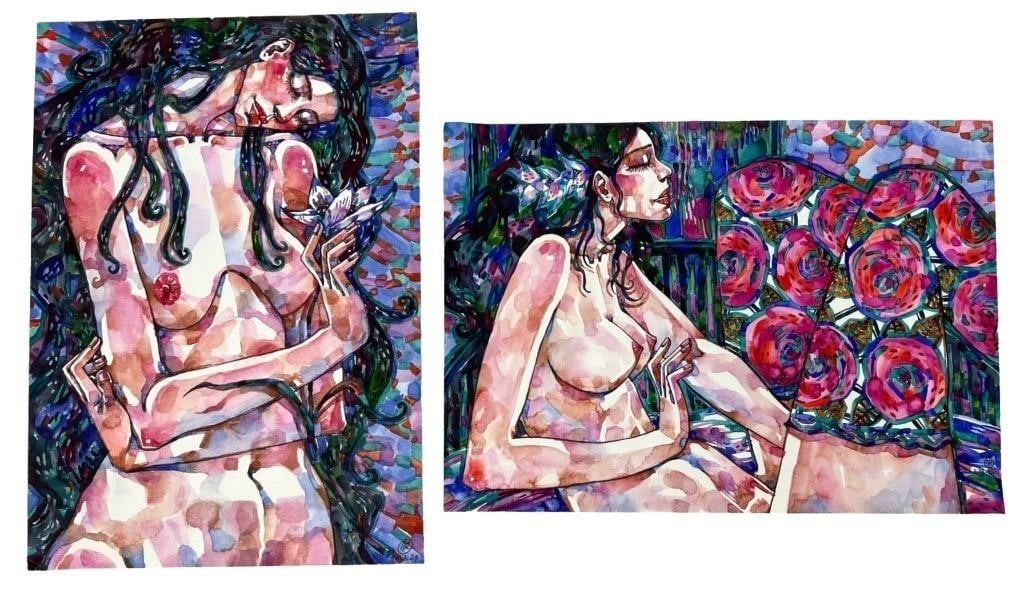 Marina Rozuvanova- Contemporary Nude Watercolors: This lot features two vibrant watercolor paintings on paper by contemporary Ukrainian artist Marina Rozuvanova. The artworks depict nude female figures in expressive, dynamic poses, surrounded by rich