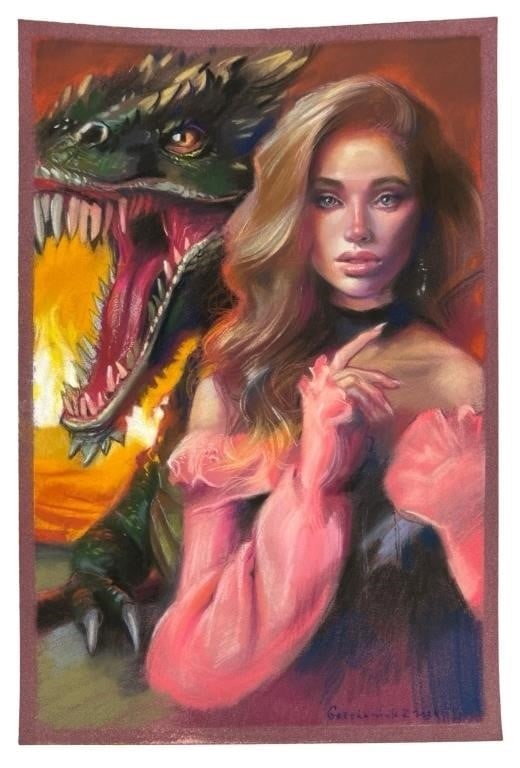 Zoia Grechaniuk- Lady with Dragon Pastel Drawing: This dynamic and evocative artwork by contemporary Ukrainian artist Zoia Grechaniuk features a striking composition of a woman alongside a fearsome dragon. Rendered in pencil and pastel on paper, the 