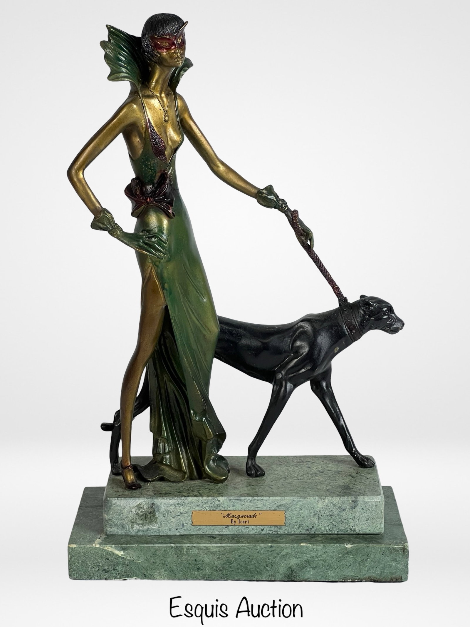 Lady with Panther Bronze Sculpture by Icart: This captivating bronze sculpture titled "Masquerade" by Icart showcases a mysterious masked woman in an elegant, flowing gown, walking alongside a sleek panther. The finely detailed figure exudes a s