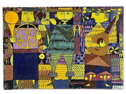 Stig Lindberg "Carnival" LE Ceramic Wall Plaque: This colorful ceramic wall plaque, titled "Carnival," was designed by the renowned Swedish artist Stig Lindberg for Gustavsberg. It features a vibrant composition of musicians playing various instrume