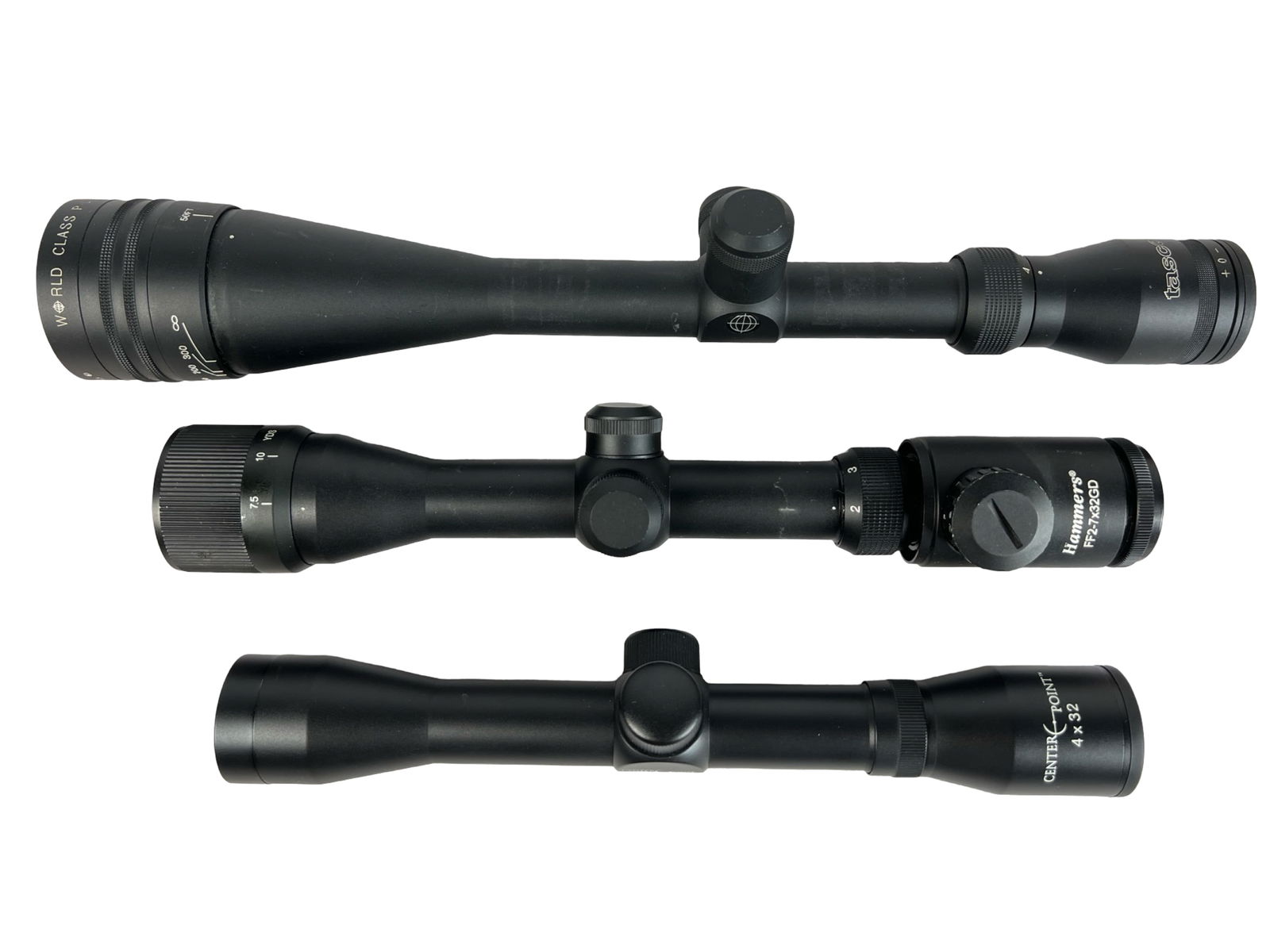 Set of 3 Rifle Scopes - Tasco, BSA, CenterPoint: This set includes three rifle scopes from well-known manufacturers, each designed for accuracy and clarity in a range of shooting conditions: Tasco Scope - Features a fixed magnification with clear op
