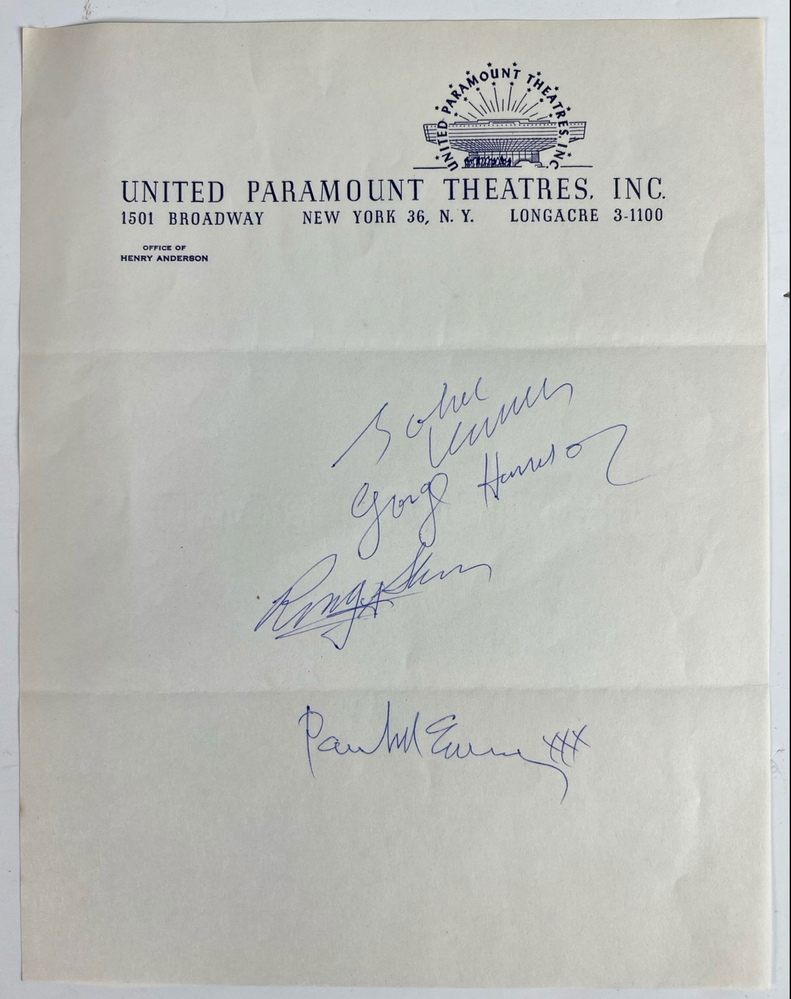 "The Beatles" Signed Paramount Theatres Letterhead (1 of 4)
