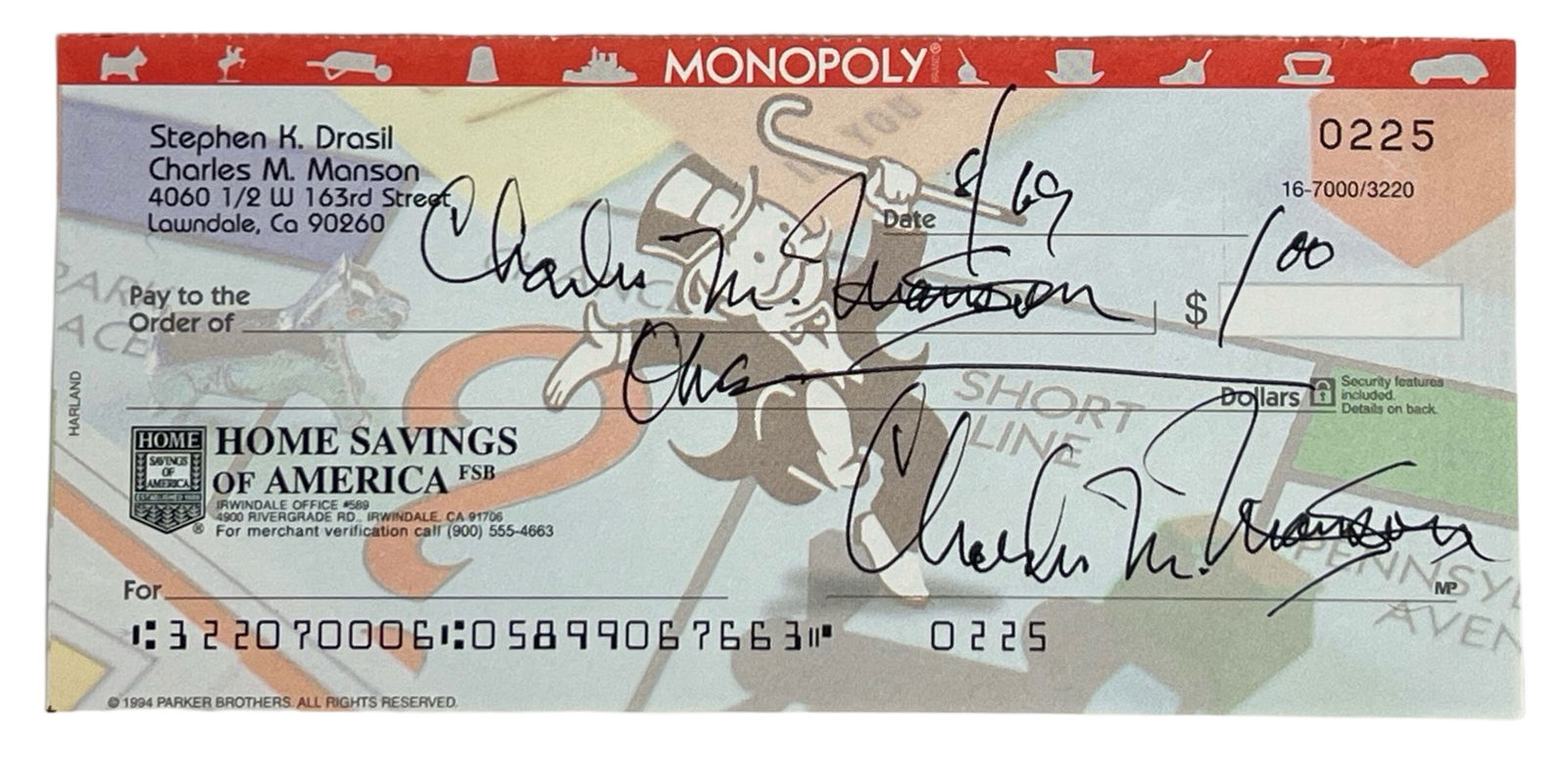 Charles Manson Signed Mock Bank Check (1 of 2)