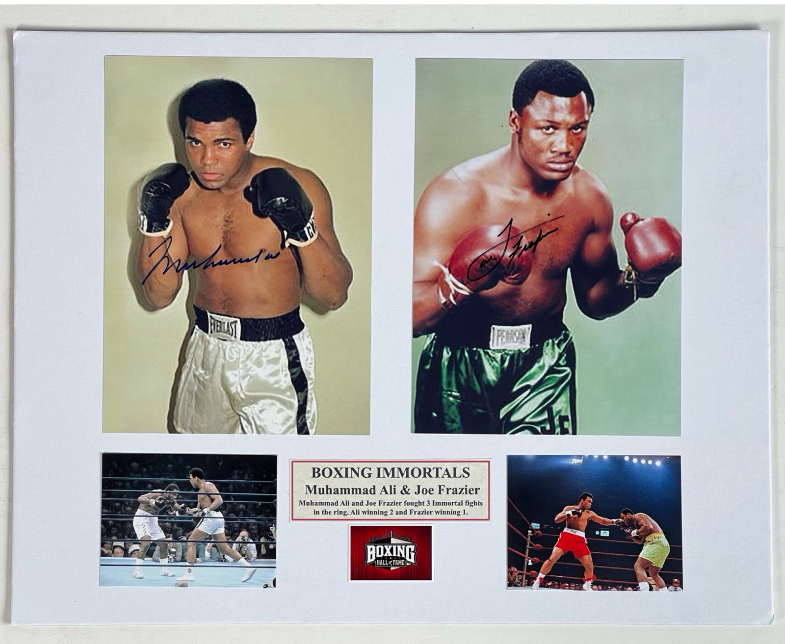 Muhammad Ali & Joe Frazier Autographed Photos: This collectible features iconic autographed photographs of boxing legends Muhammad Ali and Joe Frazier, put together in a tribute to their historic rivalry.Each Photo is 7" x 5", mounted on 14" x 11'
