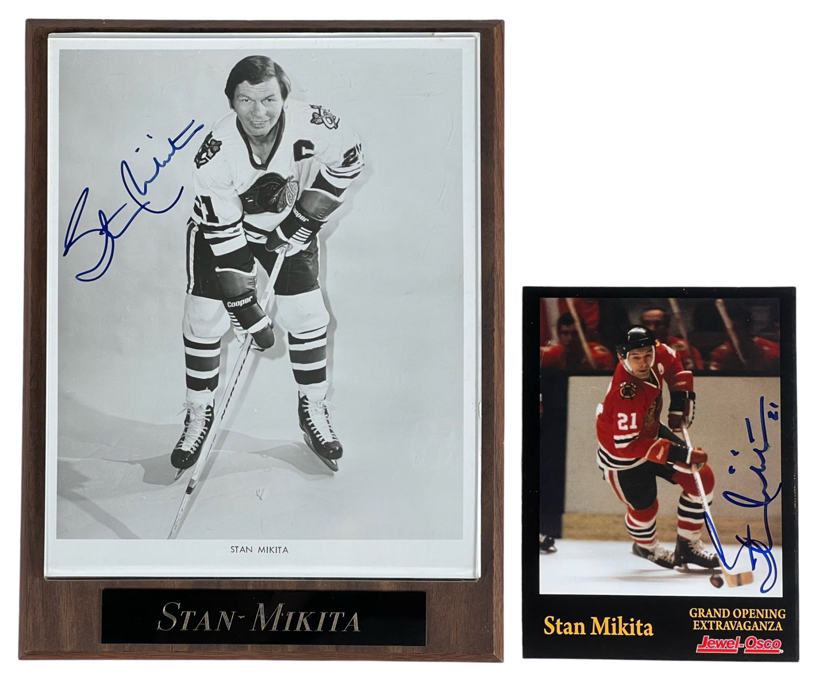 Stan Mikita - Two Autographed Photographs: This collection features two autographed photographs of Hockey Hall of Famer Stan Mikita. The first is an 8" x 10" black and white photo of Mikita in his iconic Chicago Blackhawks uniform, mounted on 