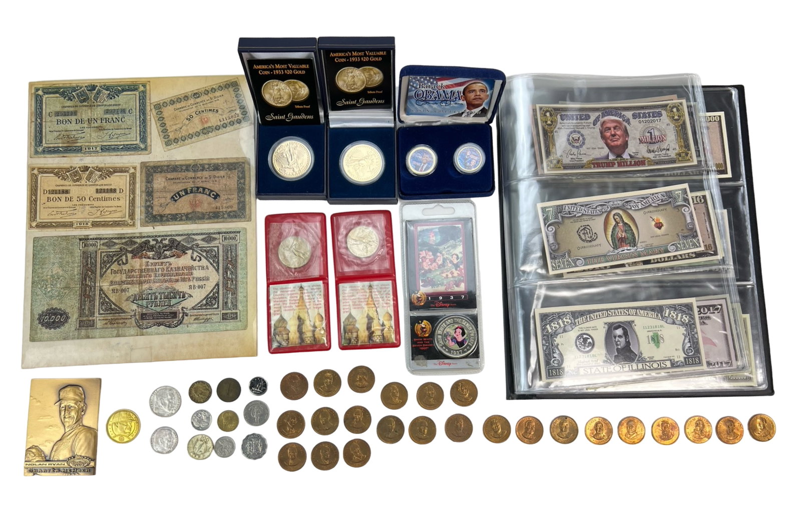 World Coins & Tokens with Banknotes: Group of World Coins and Tokens. Come with Vintage European Banknotes and binder full of Dollar ":Funny" Notes.