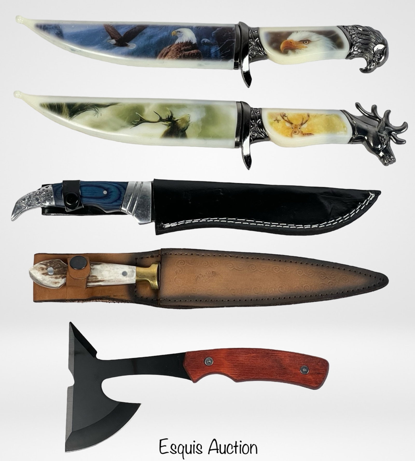 Group of Hunting Knives & Survival Axe: Group of Hunting Knives & Survival Axe. Knives are 13"-9" long. All in mint/ near mint condition.
