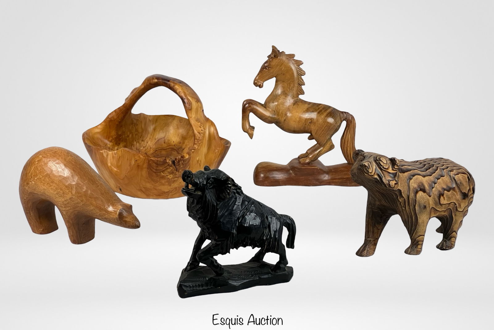 Hand-Carved Wooden Animal Sculptures & Basket (1 of 5)