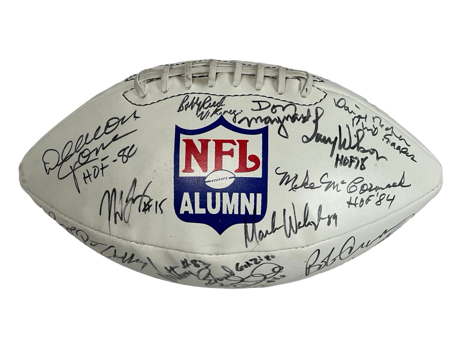 Multi-Signed NFL Alumni Football- HoF & Stars: A remarkable NFL Alumni football featuring multiple autographs from NFL Hall of Famers and legends. Key signatures include Don Maynard (HOF '87), Rayfield Wright (HOF '06), Mike McCormack (HOF '84), D