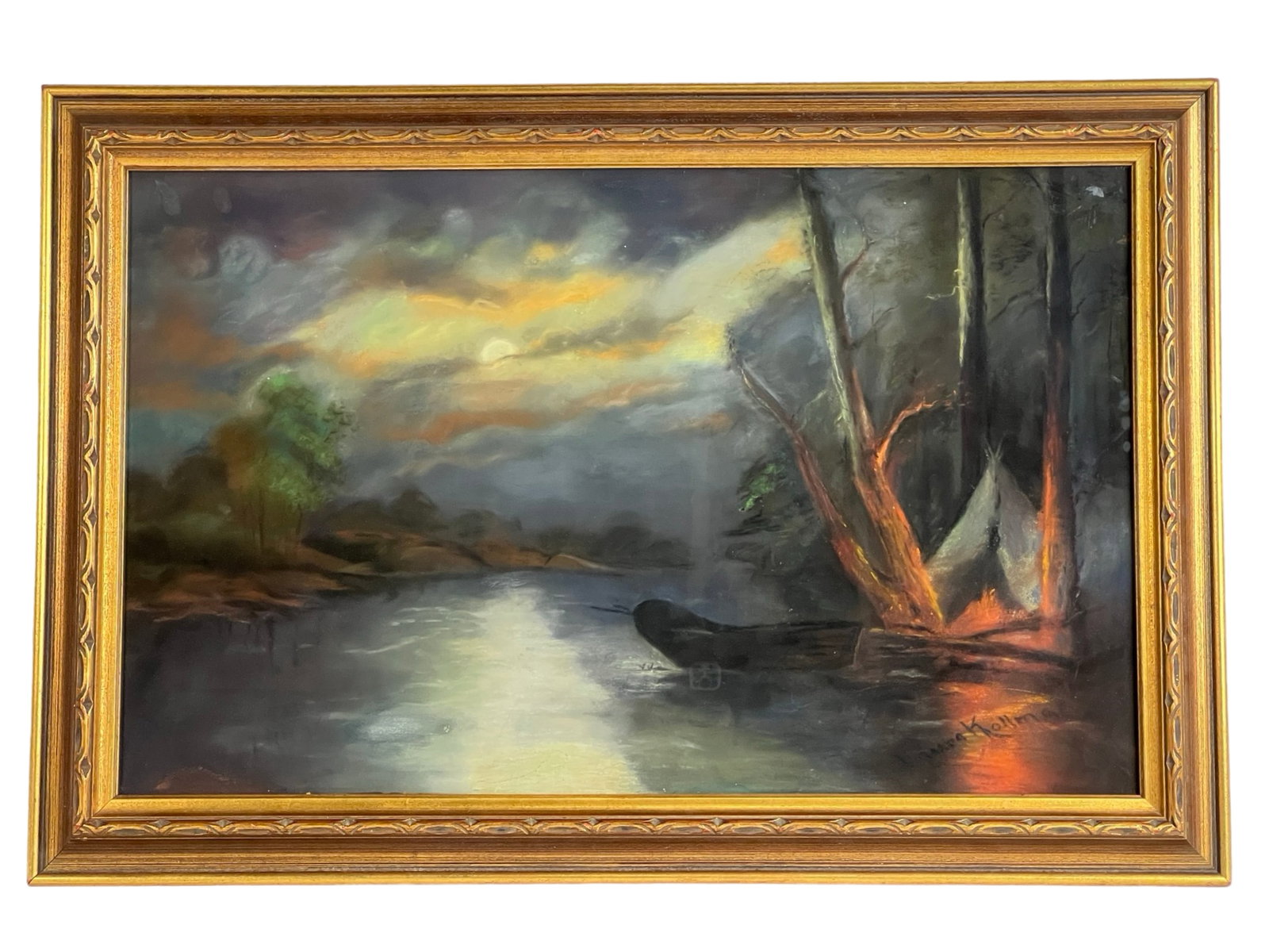 Mid 20th C Pastel Landscape by Kollman: A captivating mid-20th century pastel landscape painting, signed "Kollman" in the lower right corner, though the first name is unreadable. The artwork presents a serene riverside scene, with rich tone