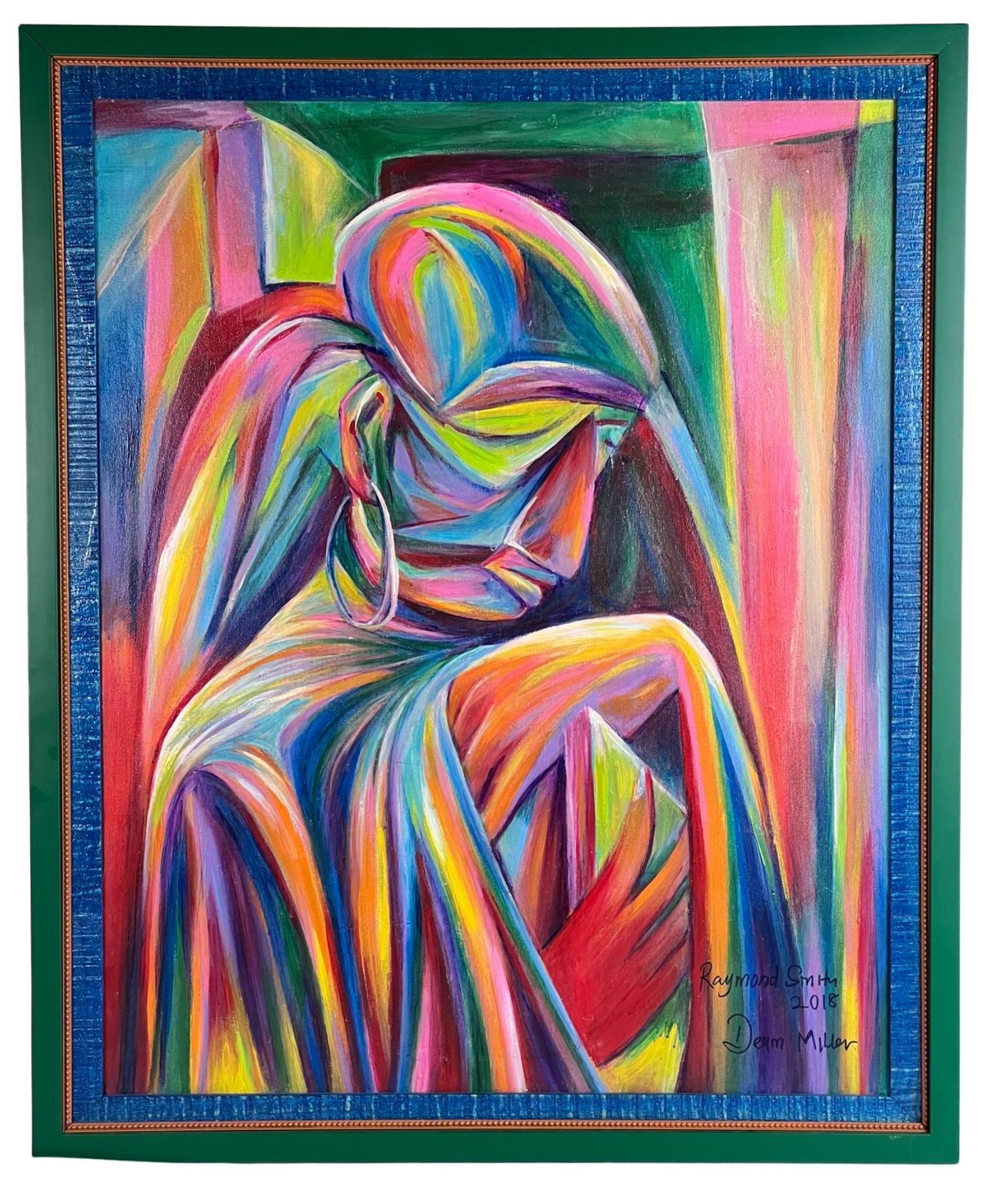Raymond Smith & Dean Miller Surreal Painting: A vibrant and dynamic acrylic painting by artists Raymond Smith and Dean Miller, created in 2018. This bold, colorful composition features abstracted forms and flowing lines that blend into a rainbow 