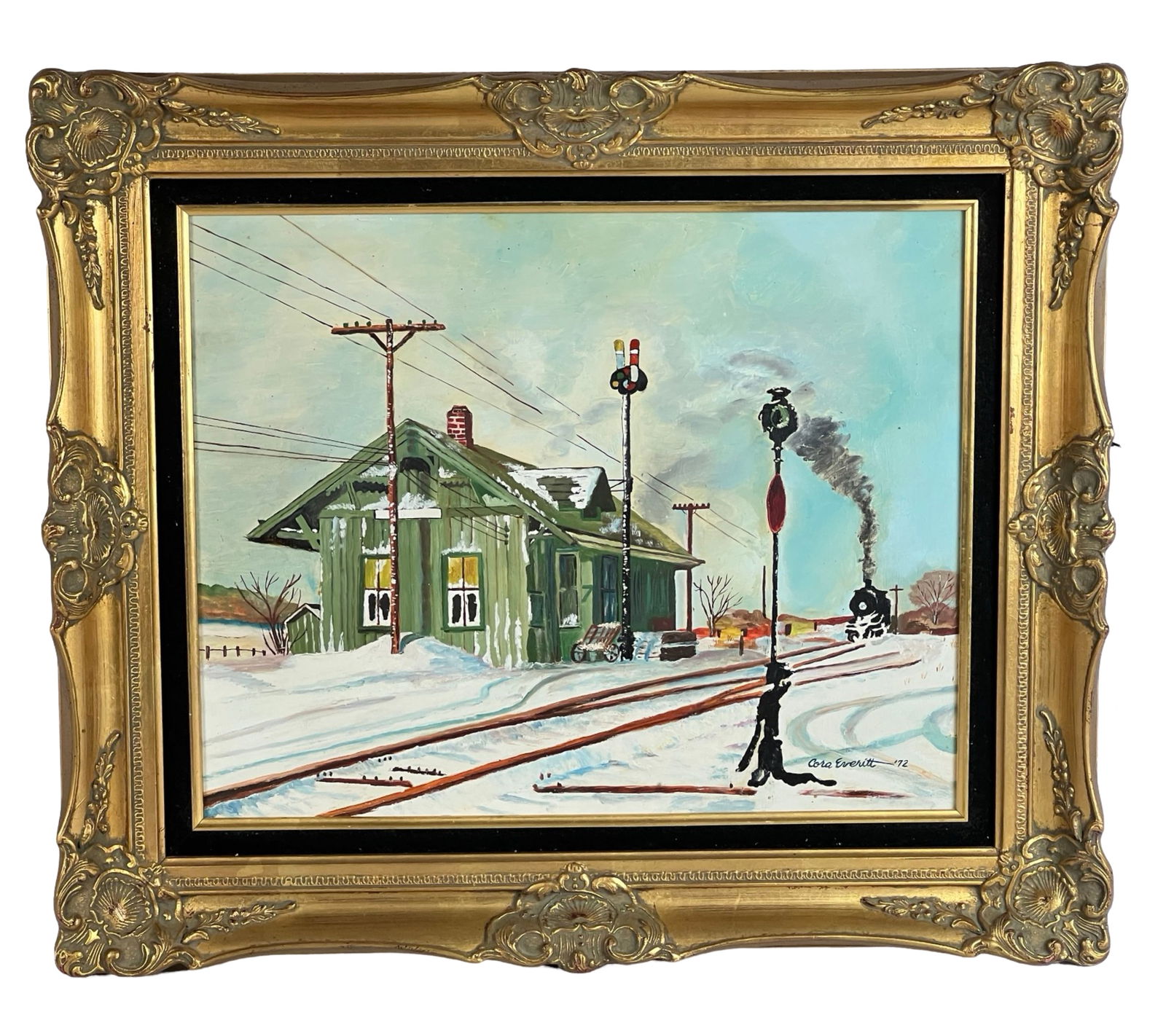 Cora Everitt- Winter Train Station 1972 Painting (1 of 3)