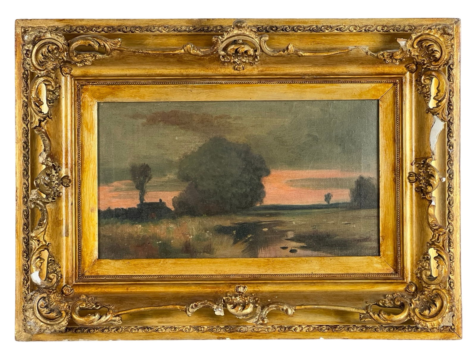early 20c Impressionist Sunset Oil Painting: This beautifully rendered oil painting captures a serene sunset scene, executed in an impressionist style. The subtle colors of the setting sun contrast with the darkened landscape, creating a peacefu