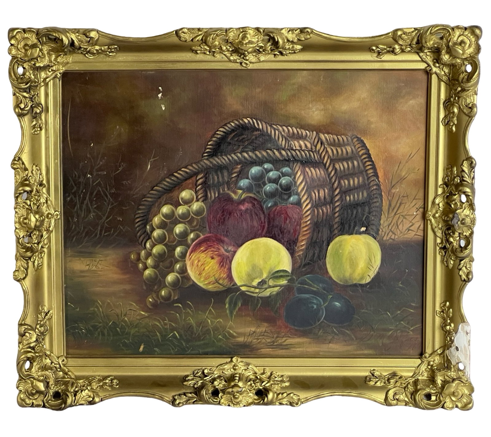 1891 B.M. Jeffers Still-Life with Fruits Painting: This charming 1891 still-life oil painting by B.M. Jeffers showcases an abundant basket of fruits, including grapes, apples, and peaches, against a warm, rustic background. The detailed brushstrokes c
