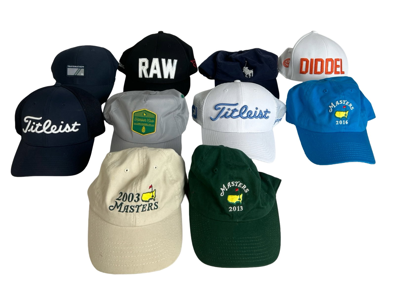 Assortment of Men's Golf Hats- Masters, US Open,Ry: Assortment of men's golf hats featuring brands like Titleist, American Needle, and more. Highlights include caps from The Masters (2003, 2013, 2016), Ryder Cup, and US Open. Many are embroidered with 