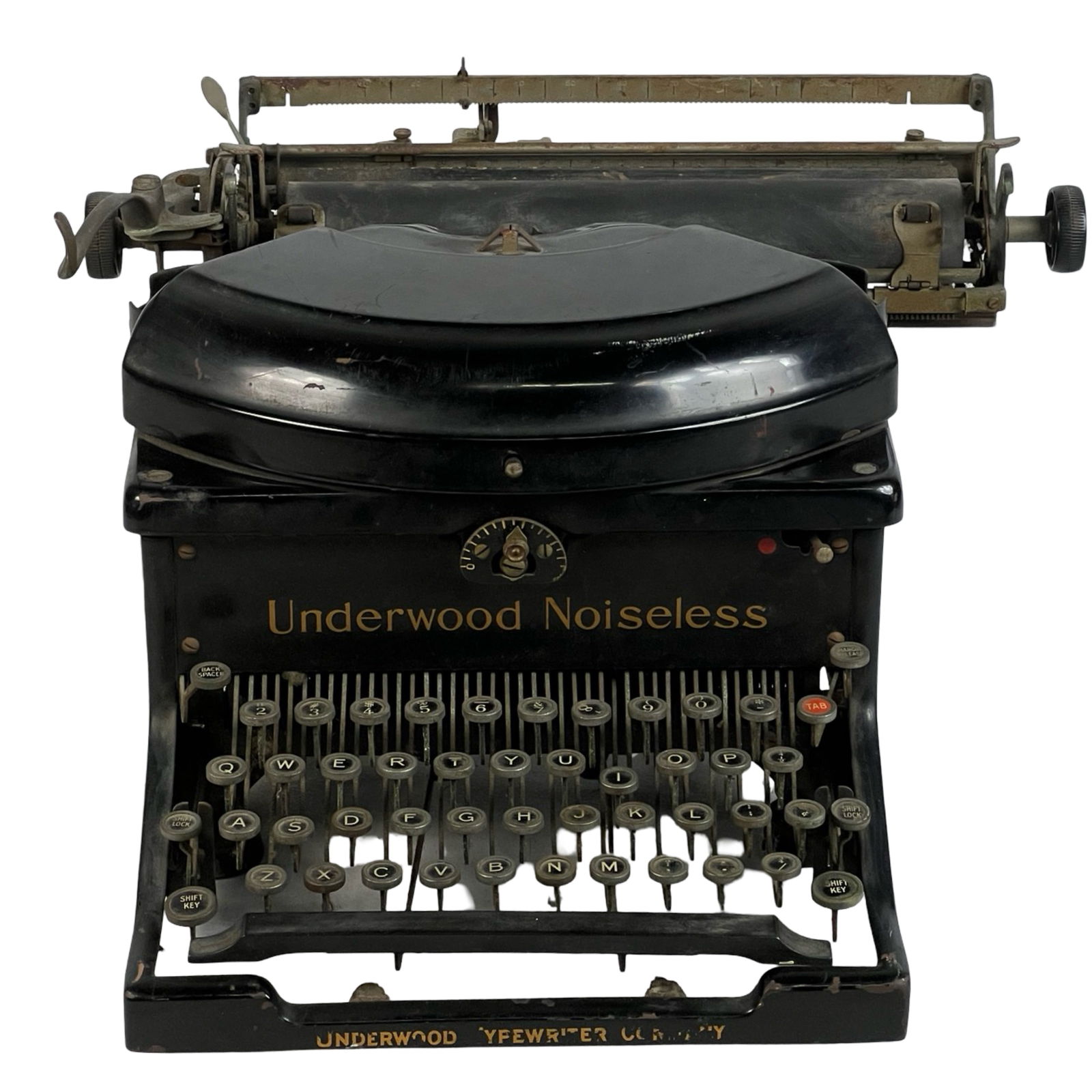 Antique Underwood Noiseless Typewriter: This Antique Underwood Noiseless typewriter from the early 20th century features classic Underwood design and "noiseless" technology aimed at reducing typing sound. Manufactured by the Underwood Ellio