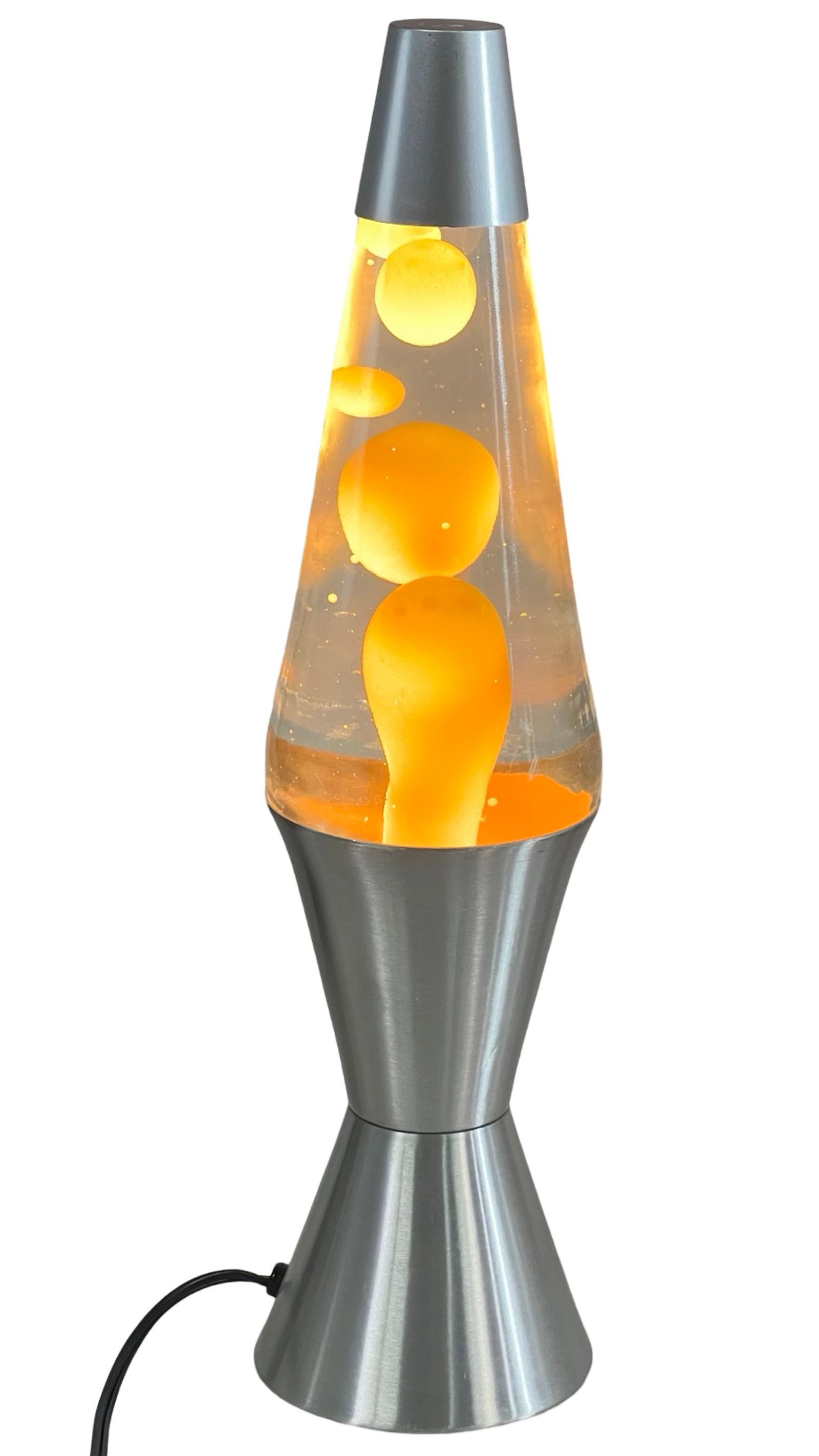 Vintage Mid-90s Lava Lite Lava Lamp: A classic mid-1990s Lava Lite lava lamp, featuring a sleek silver aluminum base and top. The lamp contains vibrant yellow wax that creates mesmerizing fluid motion inside the clear glass globe. This i