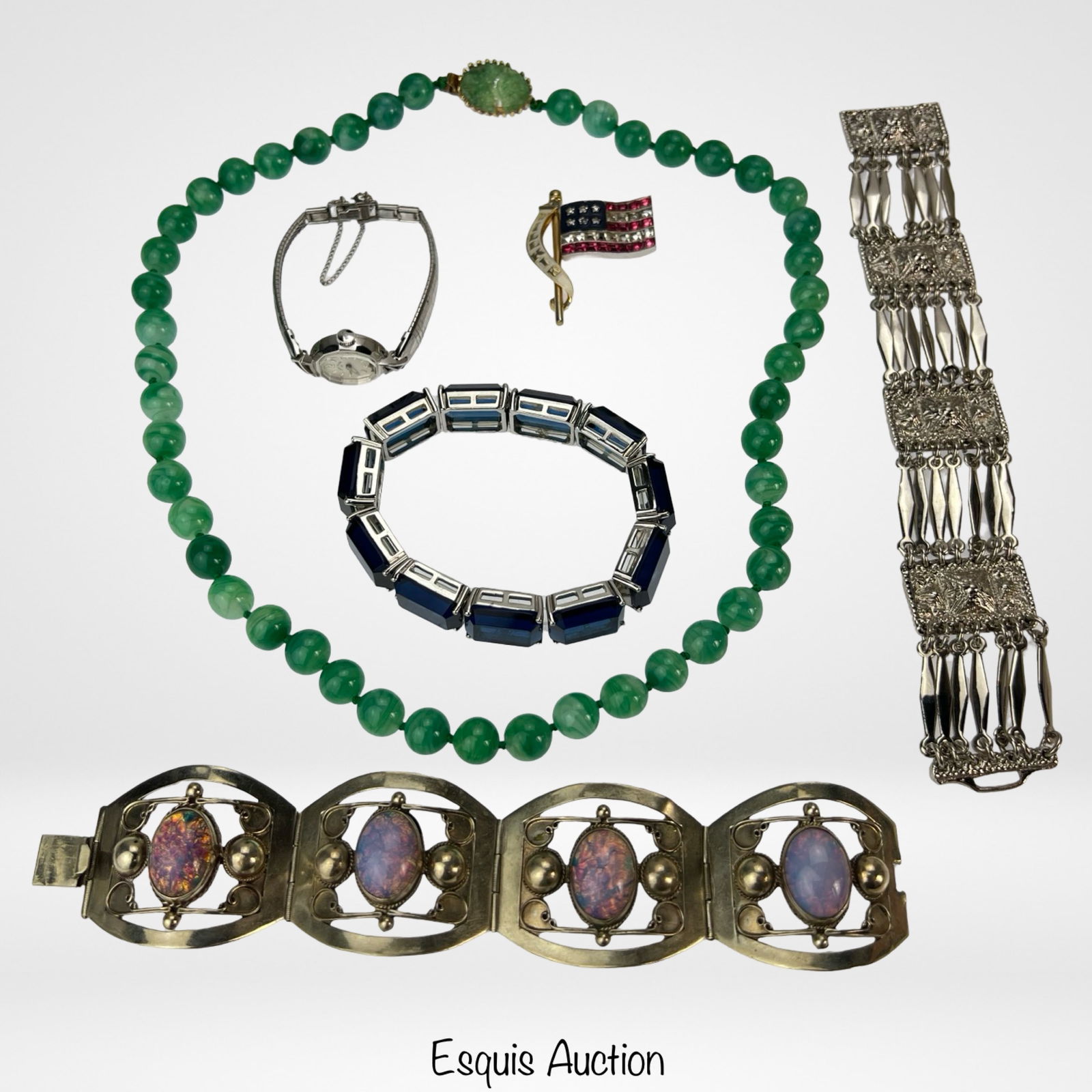 Vintage Jewelry & Watch - Joseph Mazer: Group of Vintage Jewelry including Mid Century Joseph Mazer Green Faux Jade Beads Necklace, Mexican Link Bracelets, Wendell Willkie Campaign Enamel Pin with Rhinestones, etc.. Come with Vintage Lady's