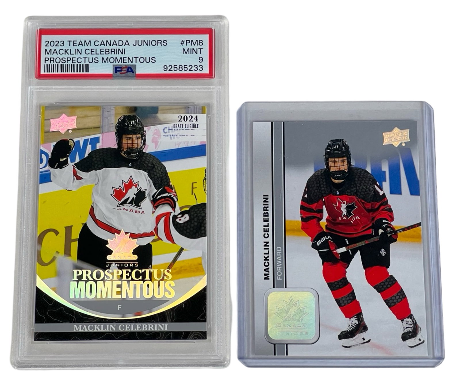 2023 Upper Deck Macklin Celebrini Card PSA 10: This pristine 2023 Upper Deck Team Canada Juniors Macklin Celebrini Prospectus Momentous card (#PM-8) is graded PSA 10 GEM MT. Featuring the future star forward eligible for the 2024 NHL draft, this c