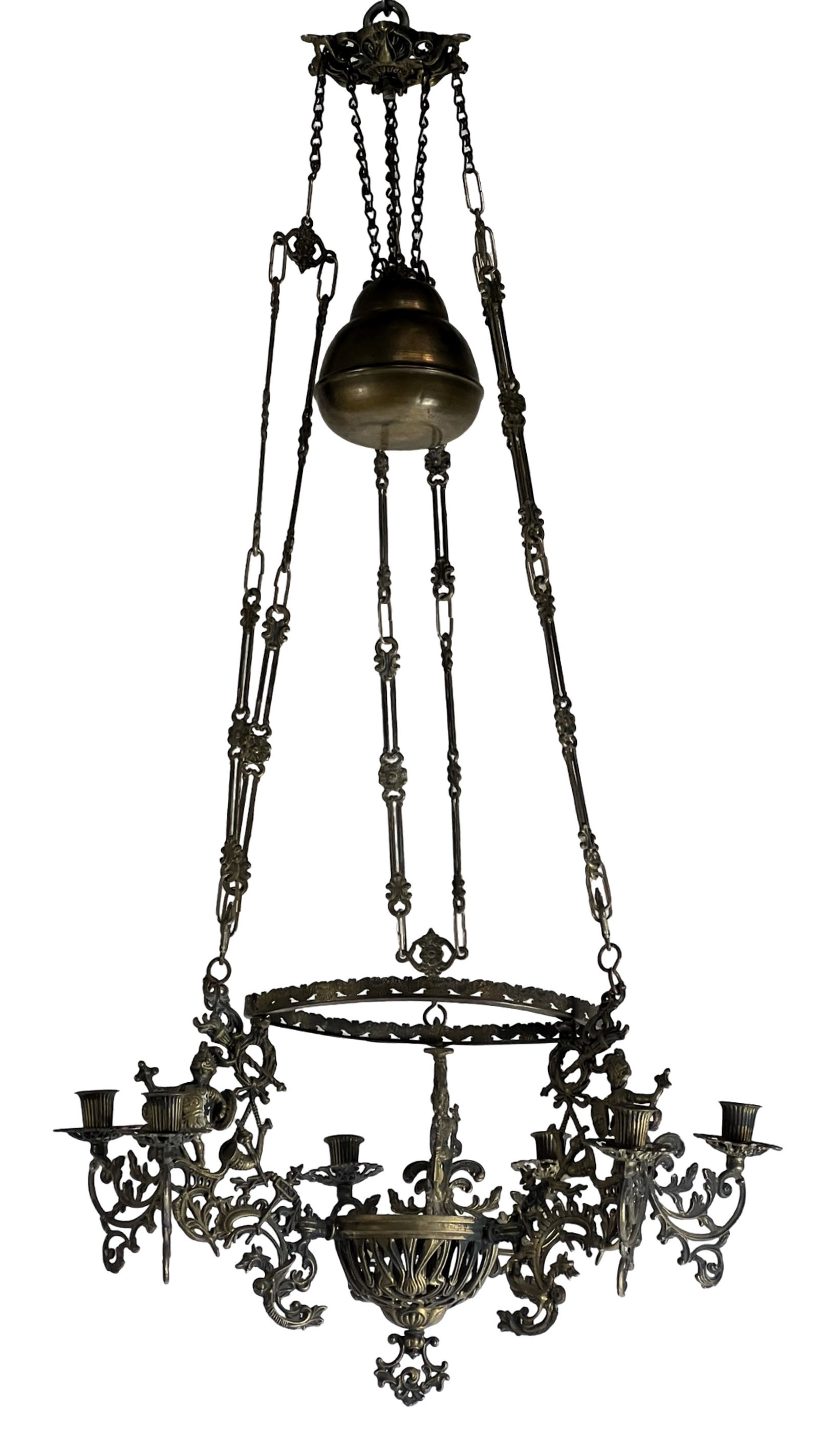 Vintage La Salle Hotel Chandelier: An exquisite vintage chandelier from Chicago's historic La Salle Hotel, featuring intricate metalwork with floral and scroll motifs. Suspended by a decorative chain, the chandelier includes multiple c