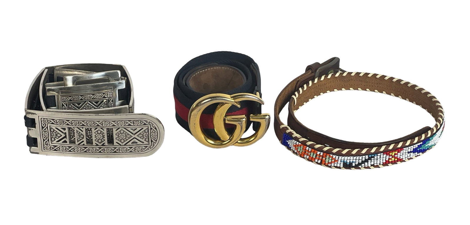 Group of 3 Lady's Belt- GG Belt, Native American: Lot of Three Belts: Ornate silver-tone belt with intricate patterns, size 31", featuring unique rectangular links with detailed craftsmanship. GG belt with signature striped canvas and gold-tone "GG" 