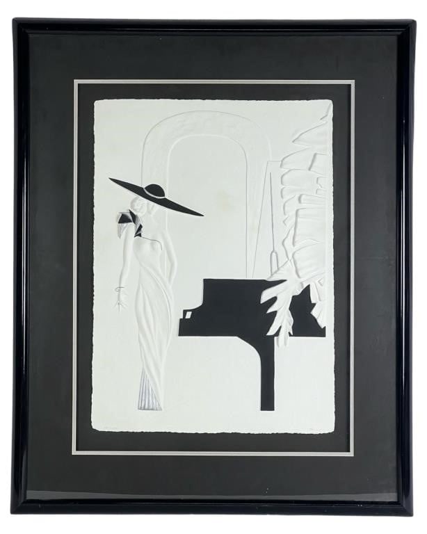 Lady by Piano- Cast Paper Bas Relief Wall Art: Lady by Piano- Cast Paper Bas Relief Wall Art. Limited Edition. Hand Signed lower right corner. 43" x 34" framed.