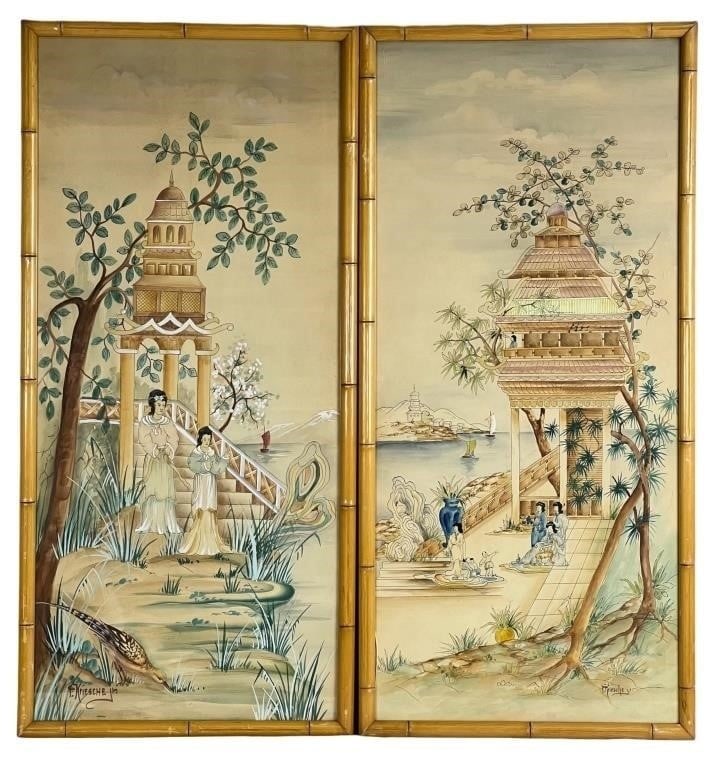 Two Chinese Tea House Paintings: Two Chinese Tea House Watercolor Paintings from 1930's-1940's.Both signed at the bottom. 42" x 20" bamboo frames.